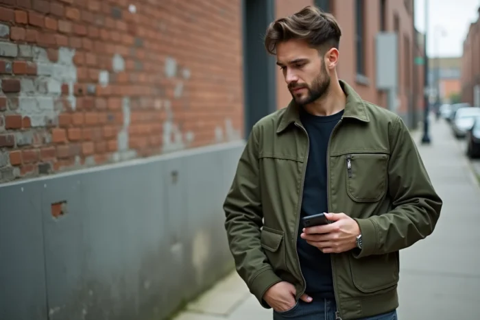 Jeune homme en veste olive sortant un téléphone mobile simple de sa poche dans une rue urbaine, illustrant un mobile sans internet facile à utiliser au quotidien