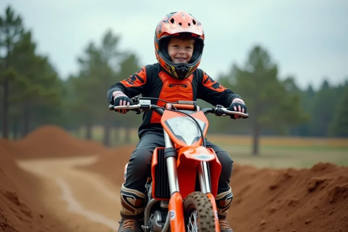 Jeune garçon de 12 ans en tenue de motocross complète assis sur une moto tout-terrain pour enfant sur une piste en terre