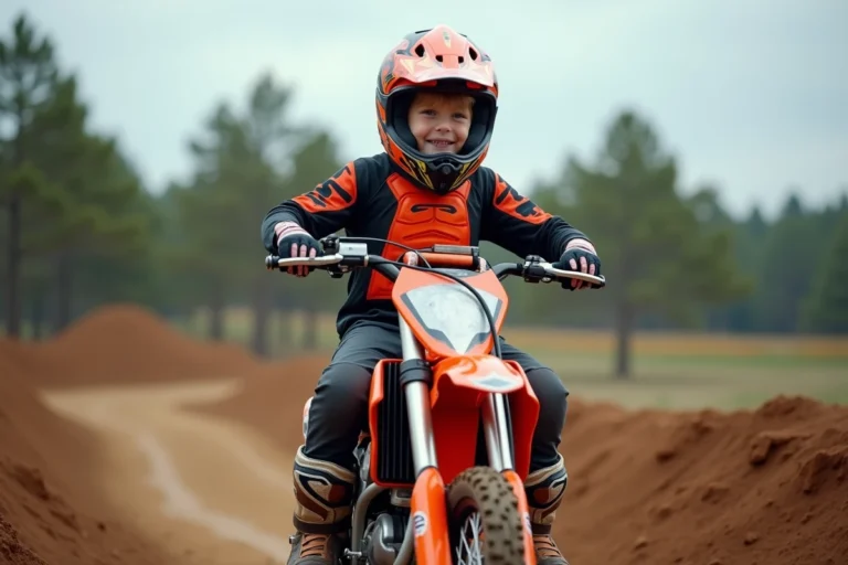Jeune garçon de 12 ans en tenue de motocross complète assis sur une moto tout-terrain pour enfant sur une piste en terre