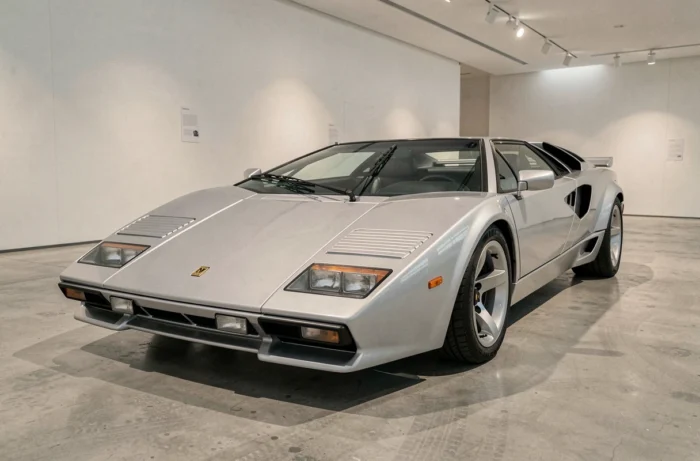 Lamborghini Countach argentée exposée dans un musée automobile moderne, icône des voitures de stars