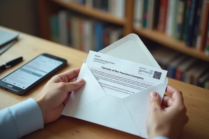 Mains tenant une lettre de résiliation d'assurance habitation prête à être envoyée, avec un smartphone et un stylo posés sur un bureau