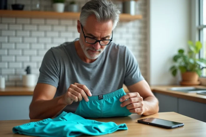 Homme lisant l'étiquette intérieure d'un short de bain à la maison pour vérifier la composition du tissu et reconnaître un vrai short de plage