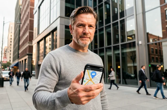 Homme localisant le siège social d'une entreprise sur une carte numérique devant un immeuble de bureaux