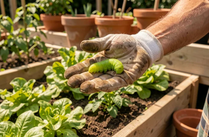 Main de jardinier tenant une chenille verte fluo au-dessus d'un potager, photo réaliste