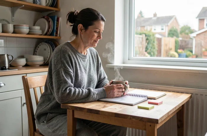 Maman prenant un moment calme le matin avec une tasse de thé et un carnet de notes pour s'organiser et se ressourcer