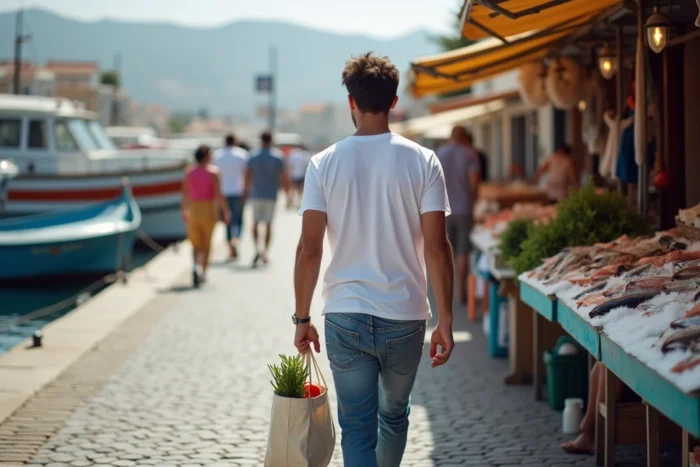 Jeune homme portant ses courses au marché au bord du port de Porto Torres en Sardaigne