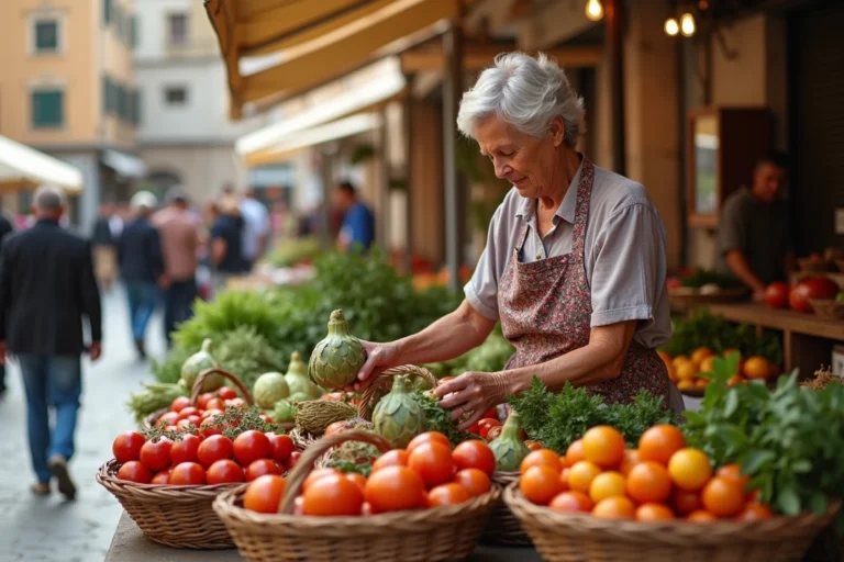 Marchande de légumes frais sur le marché en plein air de Porto Torres en Sardaigne
