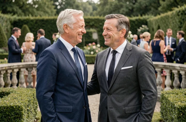 Deux hommes élégants en costume célébrant leur mariage dans un jardin français raffiné