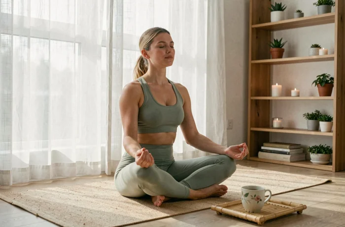 Femme en séance de méditation sur un tapis de yoga en lin dans un salon naturel et apaisant