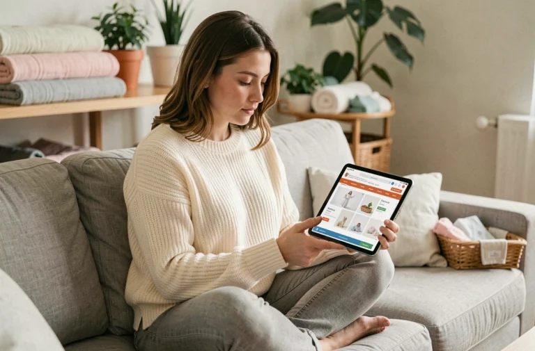 Jeune mère assise sur un canapé gris qui choisit des accessoires pour bébé sur une tablette, entourée d'articles de puériculture