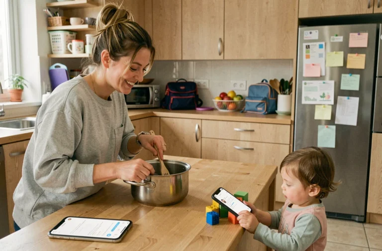 Mère moderne multitâche dans une cuisine familiale avec son enfant en bas âge, illustrant les astuces du quotidien pour parents occupés
