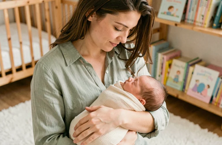 Jeune mère tenant tendrement son nouveau-né emmailloté dans une chambre de bébé douillette avec mobilier en bois clair