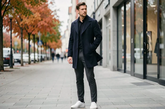 Homme en manteau peacoat marine et sneakers blanches posant sur un trottoir urbain européen aux couleurs automnales