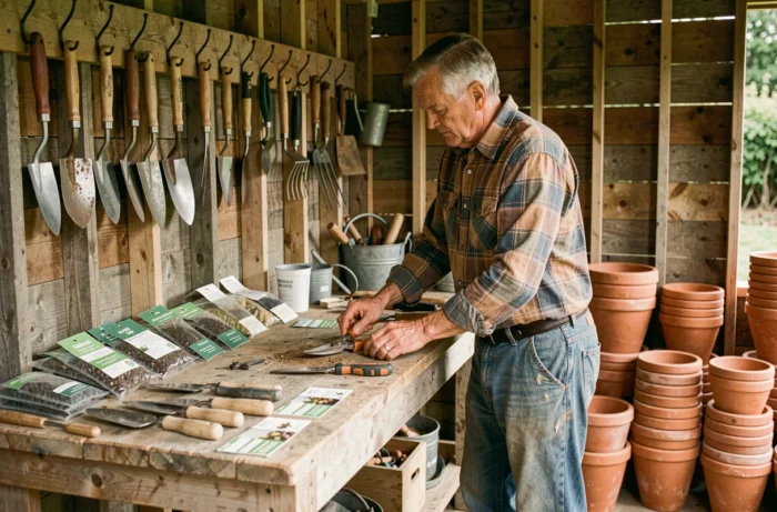 Homme organisant ses outils de jardinage essentiels dans un abri de jardin en bois rustique