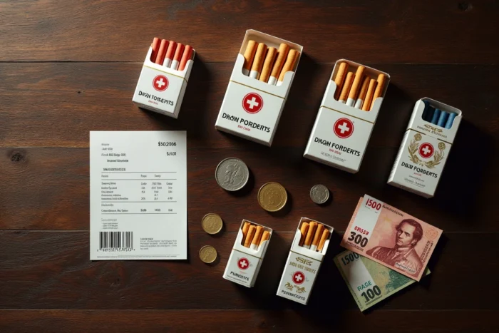 Vue aérienne de paquets de cigarettes suisses, pièces en francs suisses et ticket de caisse sur une table en bois évoquant la fiscalité du tabac