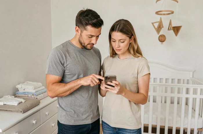 Couple de jeunes parents dans une chambre de bébé qui consultent un smartphone pour choisir des accessoires de puériculture en ligne
