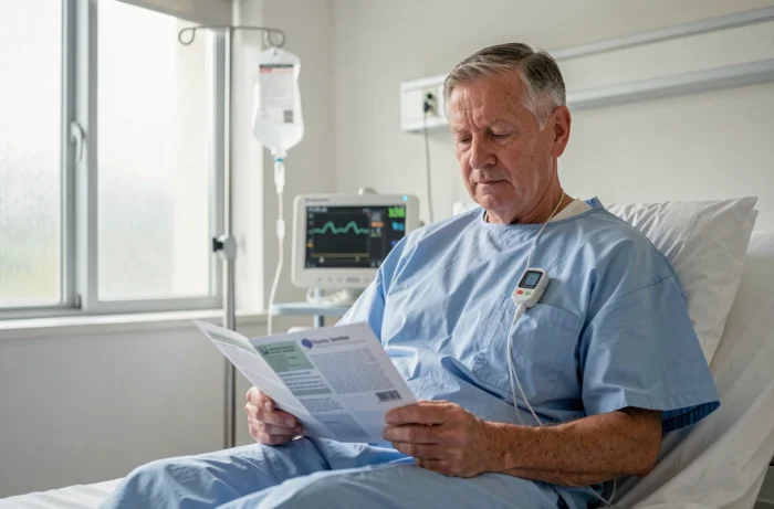 Patient âgé en salle de cardiologie après la pose d'un stent, consultant une brochure médicale sous surveillance hospitalière