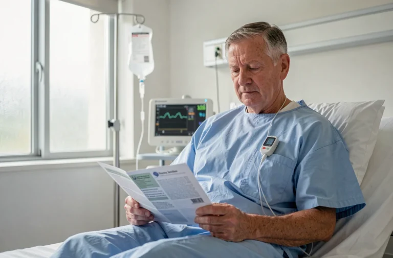 Patient âgé en salle de cardiologie après la pose d'un stent, consultant une brochure médicale sous surveillance hospitalière