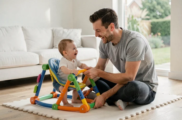 Père jouant avec son bébé de six mois sur un tapis d'éveil coloré dans un salon moderne lumineux