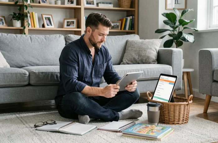 Père moderne organisant le planning familial hebdomadaire dans un salon confortable, symbole des conseils pratiques pour parents d'aujourd'hui