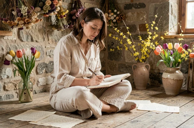 Femme poète écrivant dans un carnet dans un atelier printanier avec fleurs séchées et murs en pierre