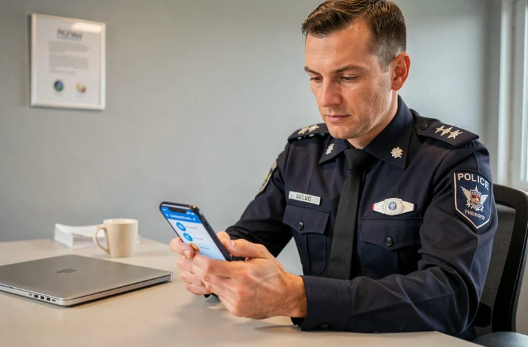 Policier en uniforme consultant la plateforme eCampus Police nationale sur smartphone au bureau