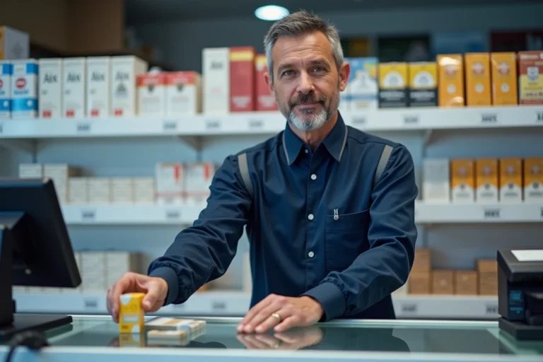 Caissier suisse plaçant un paquet de cigarettes sur le comptoir d'un magasin avec étiquette de prix en francs suisses