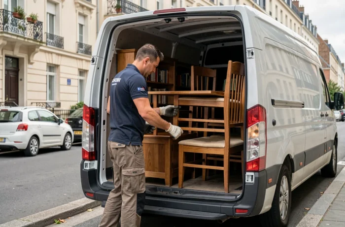 Un professionnel du débarras chargeant des meubles usagés dans un camion lors d'une collecte gratuite à domicile