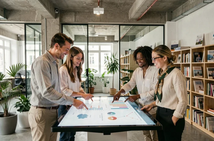 Professionnels français analysant des tendances économiques sur écran tactile dans un bureau parisien moderne