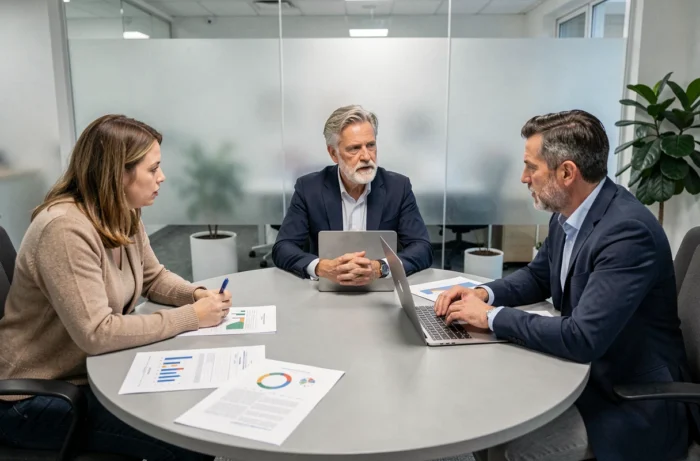 Groupe de professionnels de santé discutant des avis et témoignages sur Acthéane en réunion