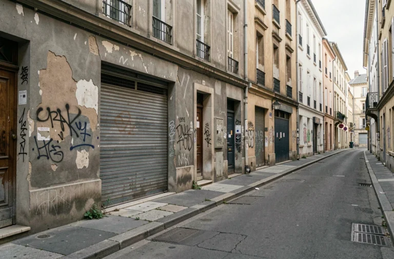 Rue d'un quartier sensible de Lyon avec façades dégradées et volets fermés, illustration des zones urbaines défavorisées