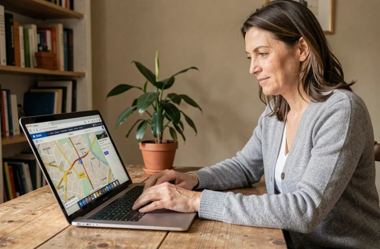 Femme cherchant une adresse particulière en France sur son ordinateur portable depuis un bureau à domicile