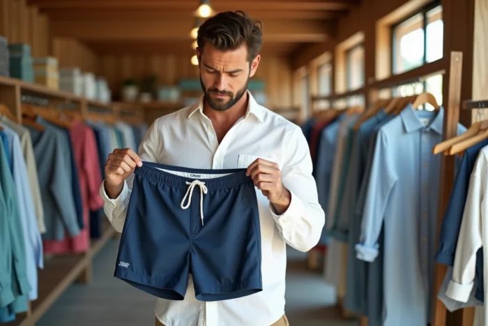 Homme examinant un short de bain dans une boutique de vêtements de plage, vérifiant l'étiquette et la doublure filet avant l'achat