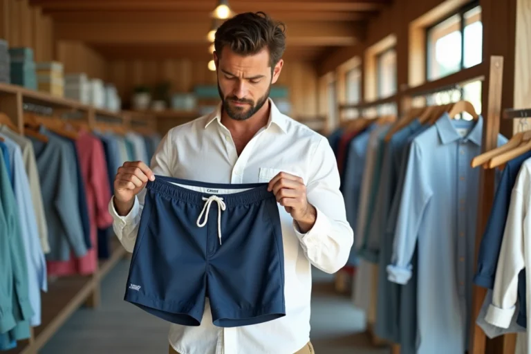 Homme examinant un short de bain dans une boutique de vêtements de plage, vérifiant l'étiquette et la doublure filet avant l'achat