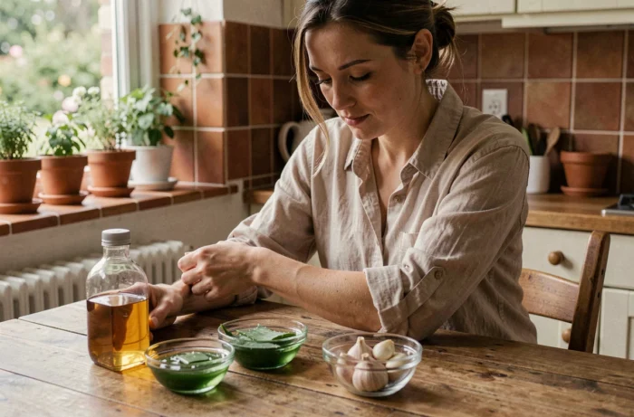 Femme examinant son bras entouré d'ingrédients naturels pour traiter les grains de beauté à la maison