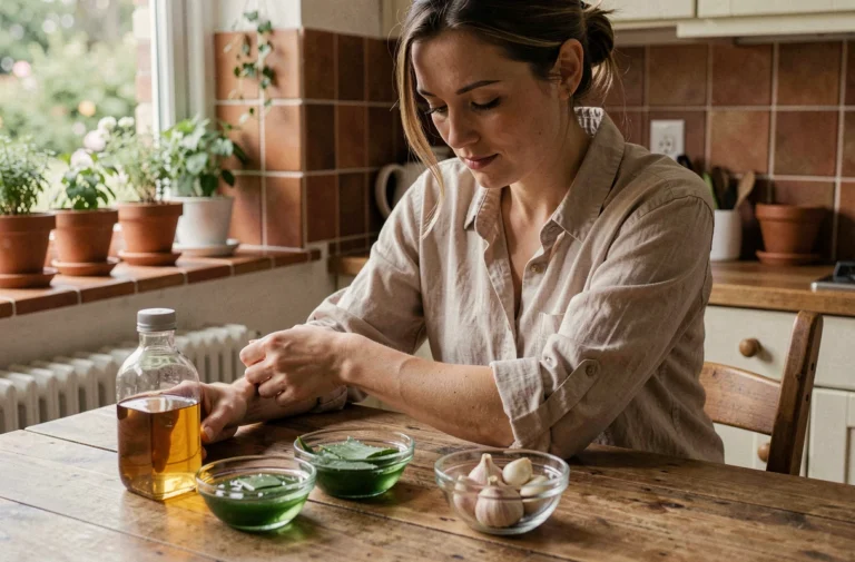 Femme examinant son bras entouré d'ingrédients naturels pour traiter les grains de beauté à la maison