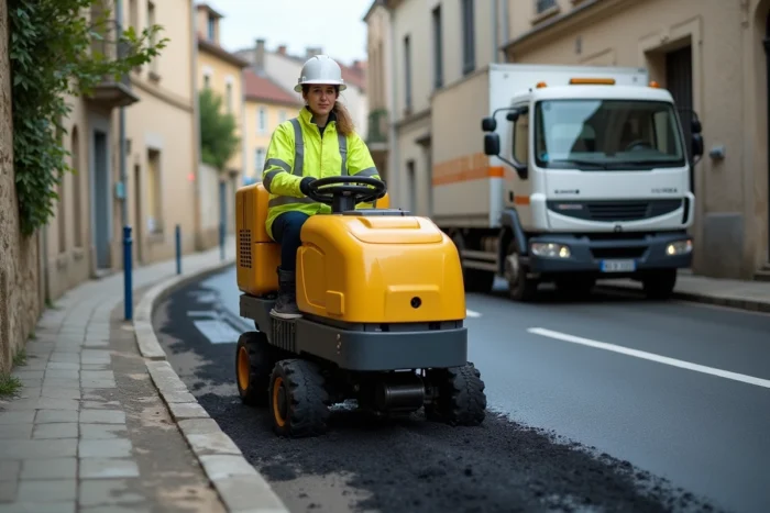 Machine de réparation de nids-de-poule sur une route communale d'une petite ville française