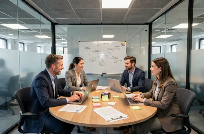 Groupe de professionnels en réunion collaborative dans un espace de coworking à Bruxelles avec parois en verre et tableau blanc