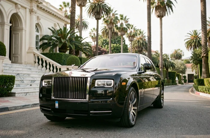 Rolls-Royce Phantom noire devant une villa hollywoodienne, symbole de luxe et de célébrité