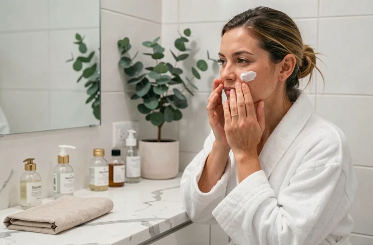 Femme appliquant une crème visage dans une salle de bain minimaliste avec des produits de soin naturels
