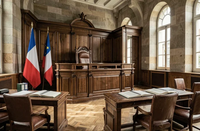 Salle d'audience d'un tribunal français illustrant les implications juridiques de l'article 222-33-2 du code pénal
