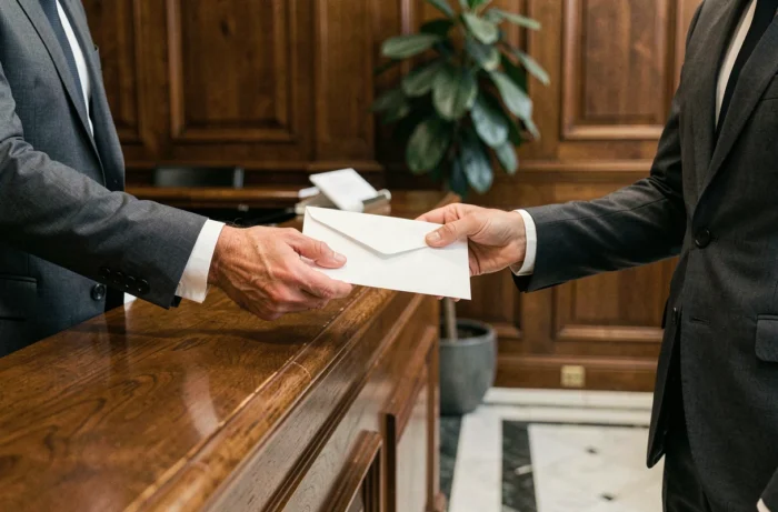 Échange confidentiel d'un document bancaire entre un conseiller et un client dans une banque privée