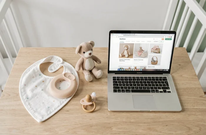 Vue de dessus d'une sélection d'accessoires pour bébé posés sur une table en bois à côté d'un ordinateur portable affichant une boutique en ligne