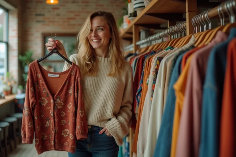 Femme souriante qui déniche une pépite vestimentaire dans une boutique de vêtements vintage, entourée de portants colorés