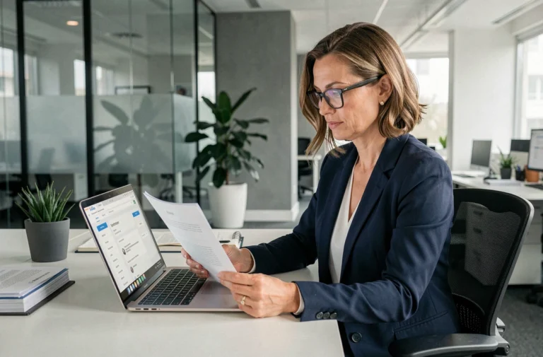Femme professionnelle consultant l'adresse du siège social d'une entreprise en ligne depuis son bureau