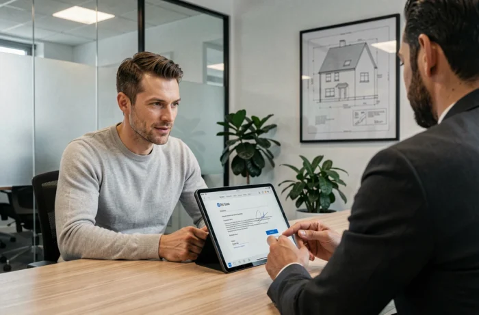 Client et agent immobilier signant un contrat numérique sur tablette dans une agence immobilière moderne