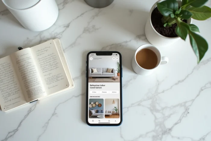 Gros plan d'un smartphone affichant une application de décoration intérieure posé sur un comptoir en marbre avec carnet de notes