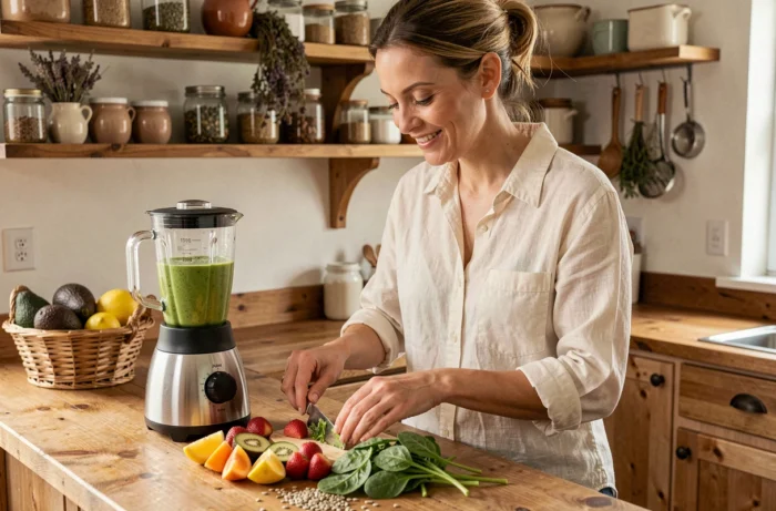 Femme préparant un smoothie santé dans une cuisine rustique en bois avec des ingrédients frais et naturels
