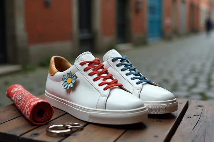 Paire de sneakers blanches personnalisées avec des lacets colorés et une broche fleur, entourée d'accessoires tendance sur une surface en bois patiné