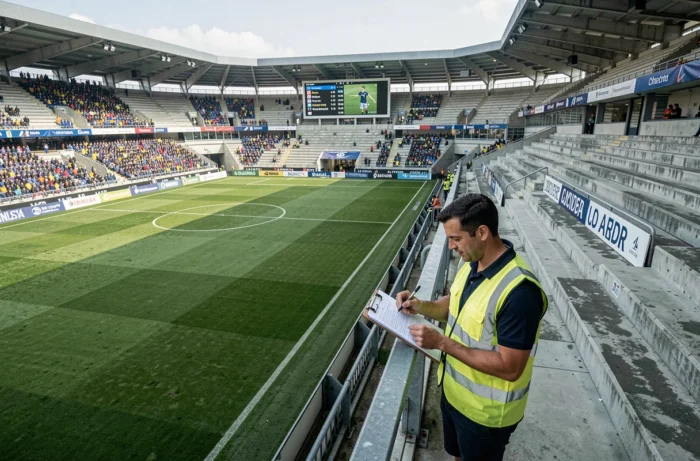 Responsable opérationnel dans un stade de Ligue 1 supervisant les infrastructures lors d'une journée de match professionnelle